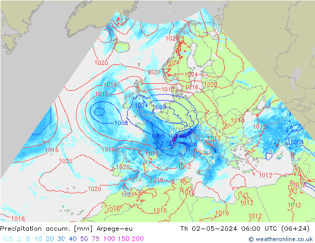 Precipitation accum. Arpege-eu czw. 02.05.2024 06 UTC
