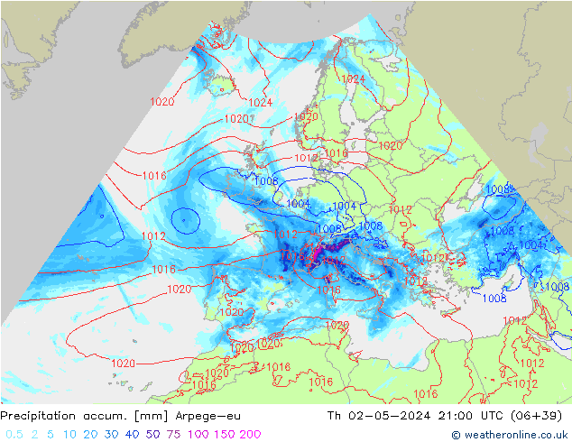 Precipitation accum. Arpege-eu Th 02.05.2024 21 UTC