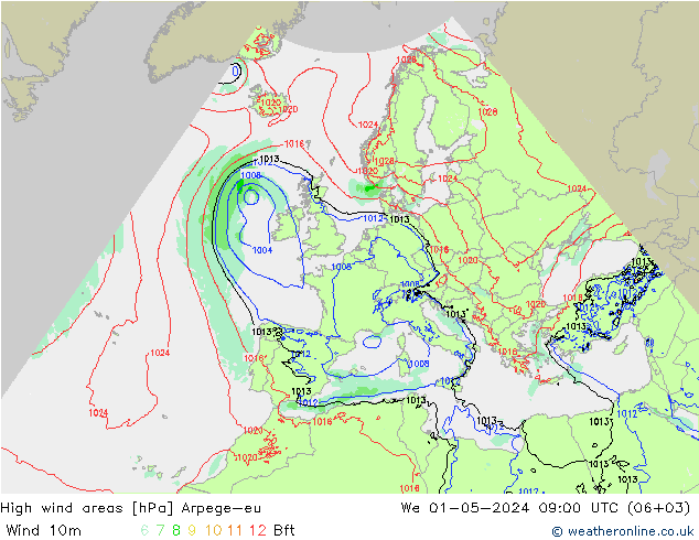 High wind areas Arpege-eu We 01.05.2024 09 UTC