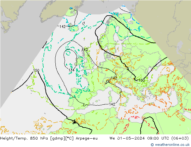 Géop./Temp. 850 hPa Arpege-eu mer 01.05.2024 09 UTC