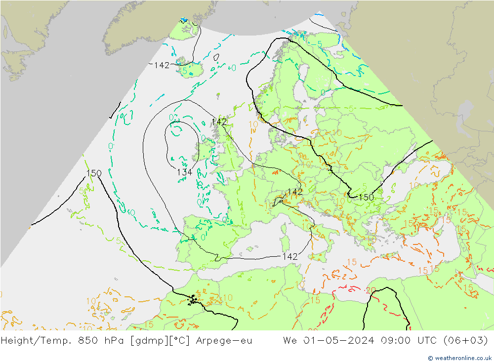 Yükseklik/Sıc. 850 hPa Arpege-eu Çar 01.05.2024 09 UTC