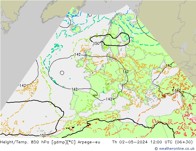 Height/Temp. 850 hPa Arpege-eu Th 02.05.2024 12 UTC