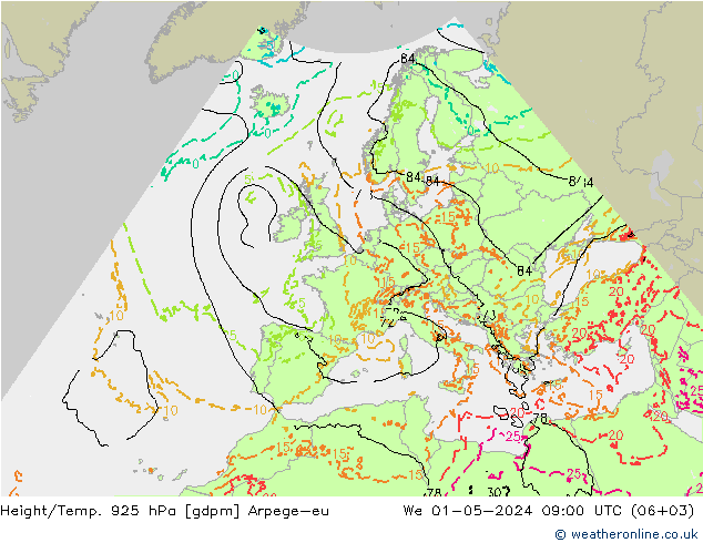 Height/Temp. 925 hPa Arpege-eu We 01.05.2024 09 UTC