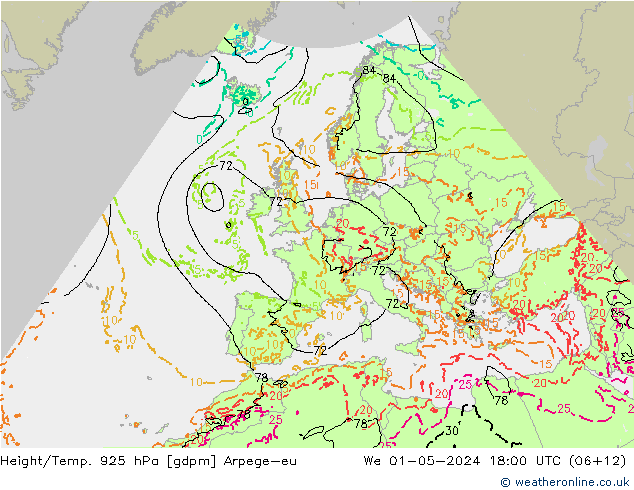 Height/Temp. 925 hPa Arpege-eu Qua 01.05.2024 18 UTC