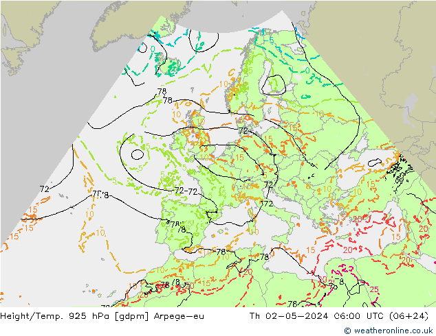 Height/Temp. 925 hPa Arpege-eu czw. 02.05.2024 06 UTC