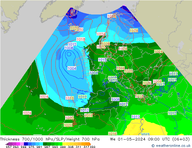 Thck 700-1000 hPa Arpege-eu We 01.05.2024 09 UTC