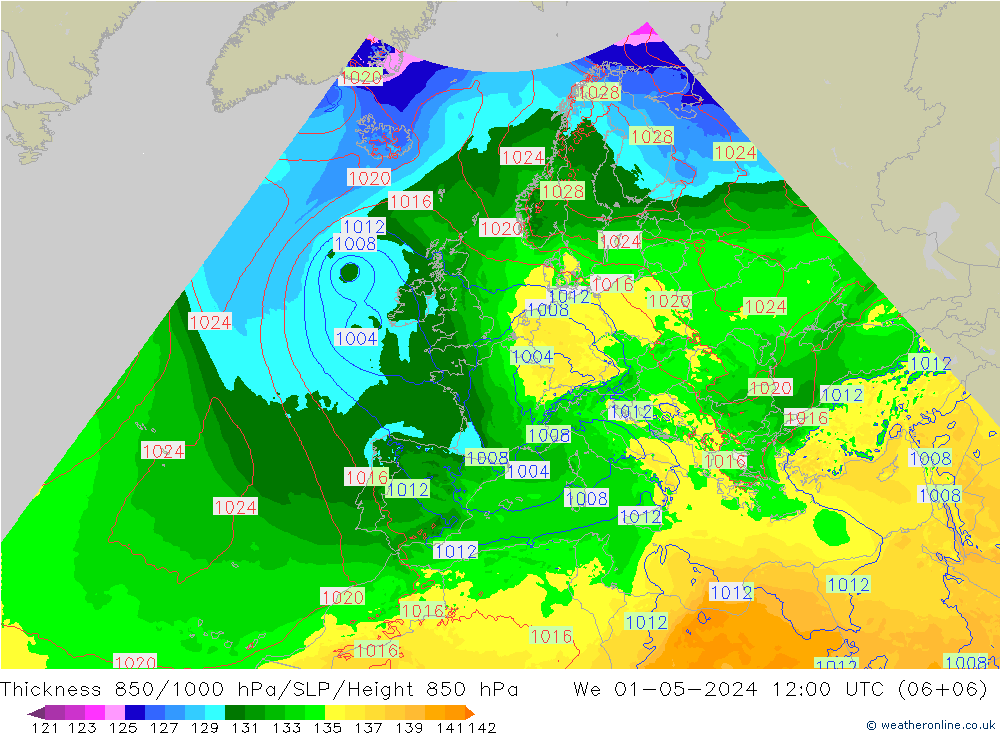 Thck 850-1000 hPa Arpege-eu śro. 01.05.2024 12 UTC