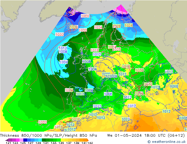 Dikte 850-1000 hPa Arpege-eu wo 01.05.2024 18 UTC