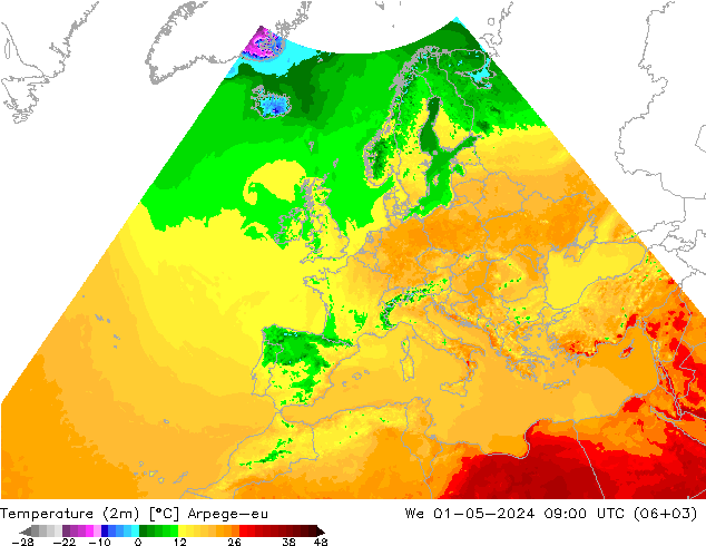 Temperatura (2m) Arpege-eu mié 01.05.2024 09 UTC