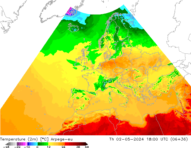 Temperaturkarte (2m) Arpege-eu Do 02.05.2024 18 UTC