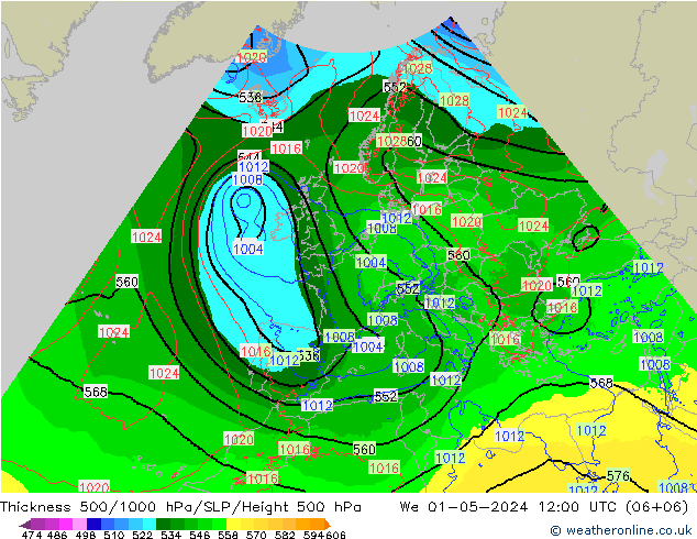 Espesor 500-1000 hPa Arpege-eu mié 01.05.2024 12 UTC