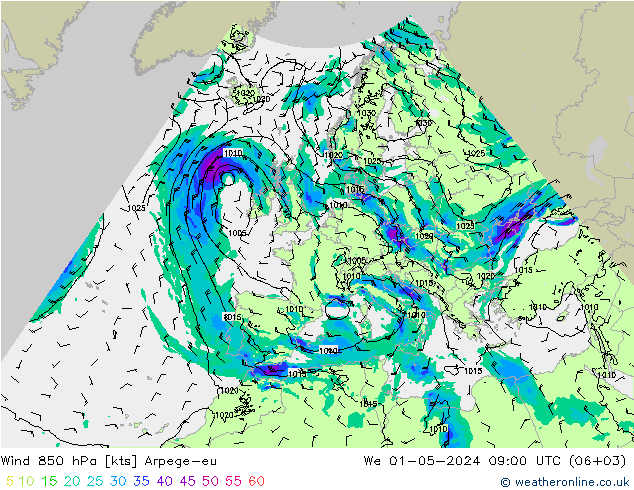 ветер 850 гПа Arpege-eu ср 01.05.2024 09 UTC