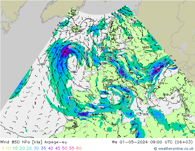 Viento 850 hPa Arpege-eu mié 01.05.2024 09 UTC