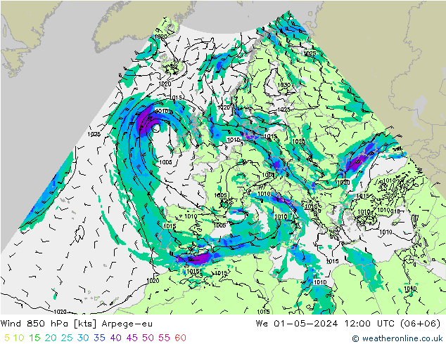 Wind 850 hPa Arpege-eu We 01.05.2024 12 UTC