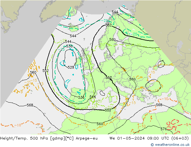 Hoogte/Temp. 500 hPa Arpege-eu wo 01.05.2024 09 UTC