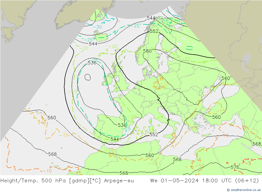 Height/Temp. 500 hPa Arpege-eu Qua 01.05.2024 18 UTC