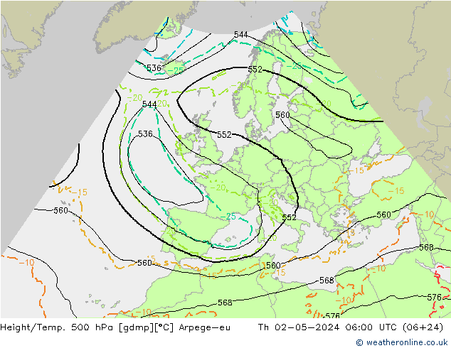 Height/Temp. 500 hPa Arpege-eu Th 02.05.2024 06 UTC