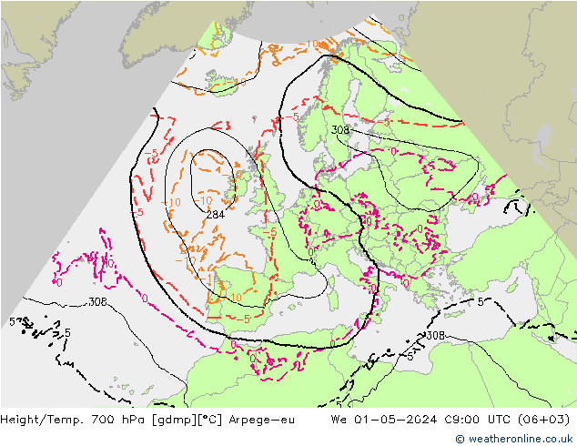 Hoogte/Temp. 700 hPa Arpege-eu wo 01.05.2024 09 UTC