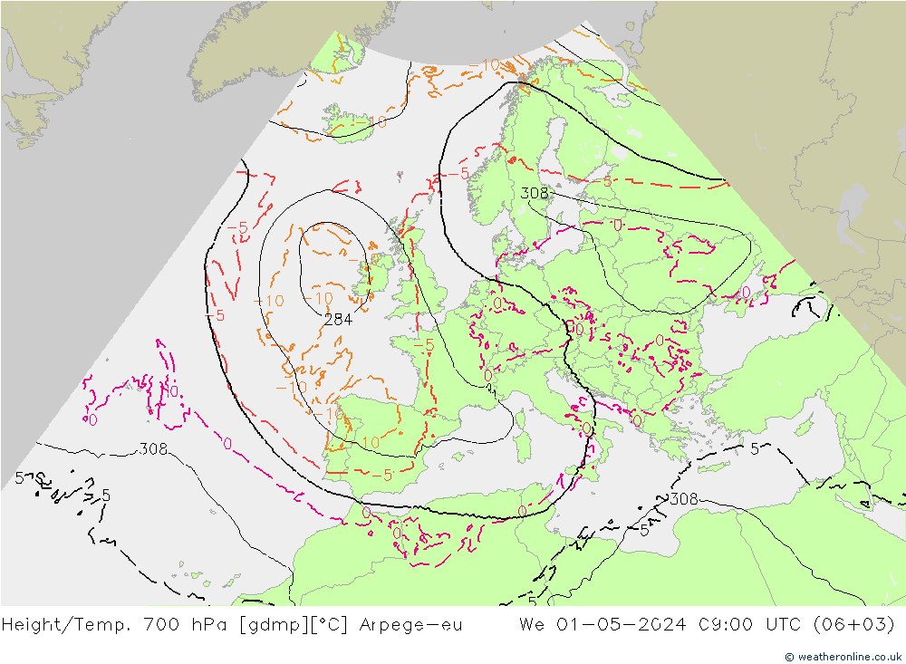 Hoogte/Temp. 700 hPa Arpege-eu wo 01.05.2024 09 UTC