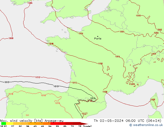 Max. wind velocity Arpege-eu jeu 02.05.2024 06 UTC