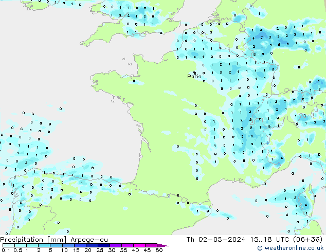 Srážky Arpege-eu Čt 02.05.2024 18 UTC