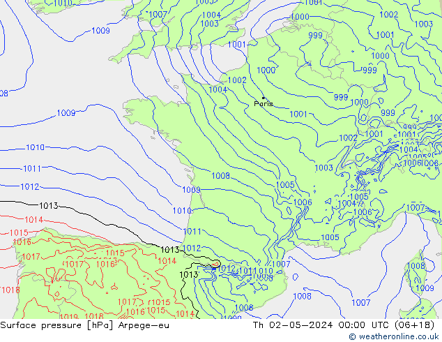 приземное давление Arpege-eu чт 02.05.2024 00 UTC