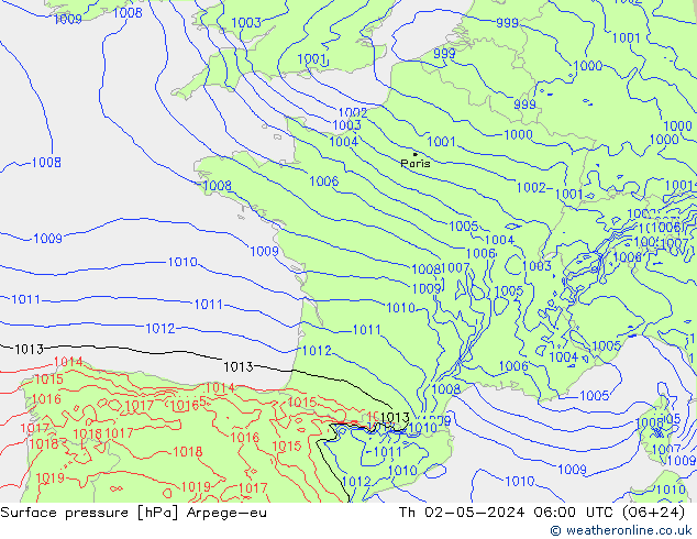 Surface pressure Arpege-eu Th 02.05.2024 06 UTC