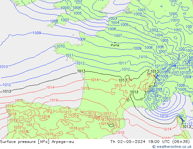 Atmosférický tlak Arpege-eu Čt 02.05.2024 18 UTC
