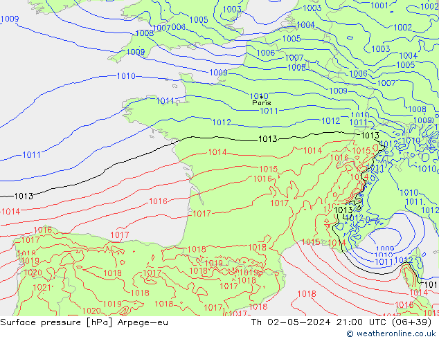 Surface pressure Arpege-eu Th 02.05.2024 21 UTC