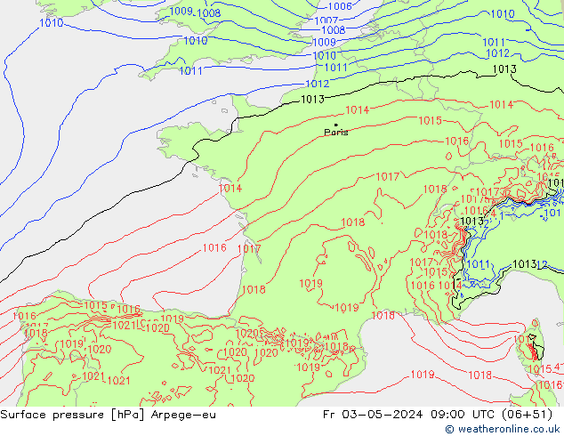 Pressione al suolo Arpege-eu ven 03.05.2024 09 UTC