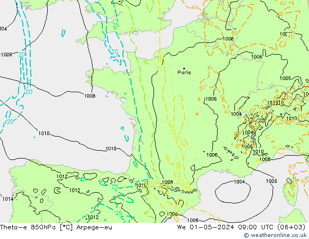 Theta-e 850гПа Arpege-eu ср 01.05.2024 09 UTC