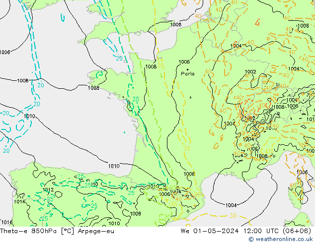 Theta-e 850hPa Arpege-eu Mi 01.05.2024 12 UTC