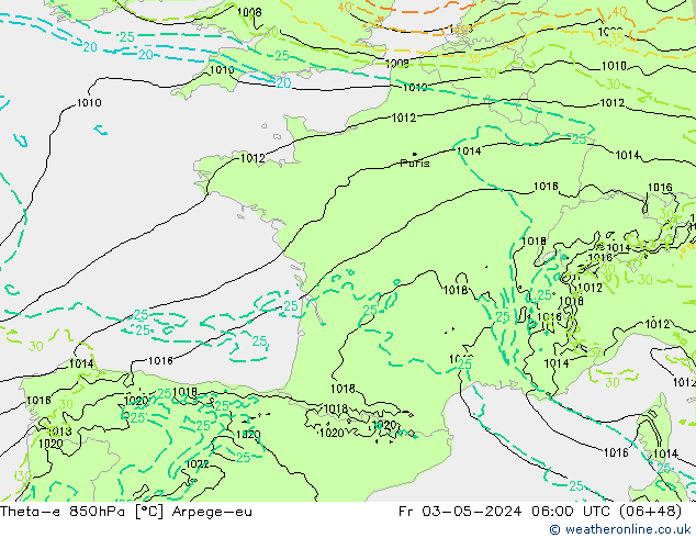 Theta-e 850hPa Arpege-eu ven 03.05.2024 06 UTC