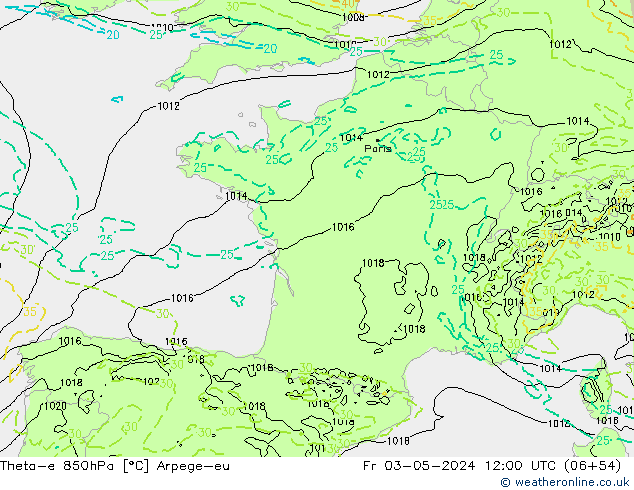 Theta-e 850hPa Arpege-eu vie 03.05.2024 12 UTC