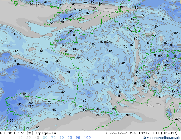 RH 850 hPa Arpege-eu Fr 03.05.2024 18 UTC