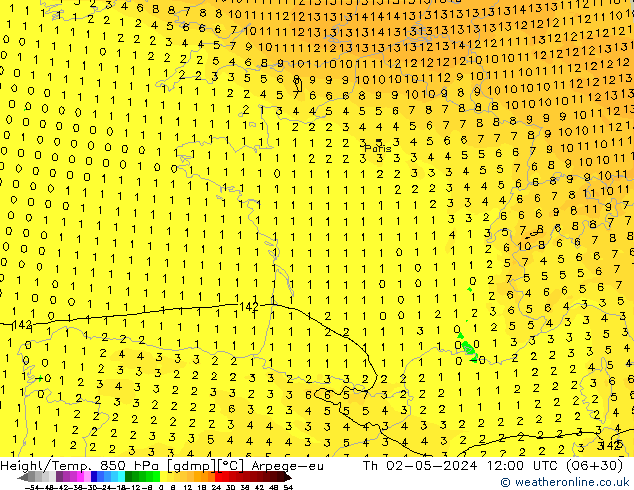 Géop./Temp. 850 hPa Arpege-eu jeu 02.05.2024 12 UTC