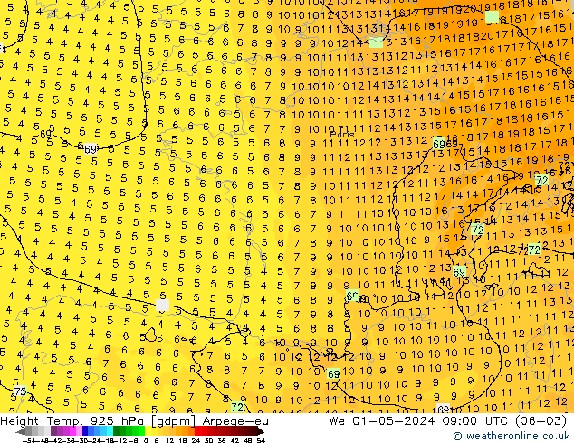 Height/Temp. 925 hPa Arpege-eu We 01.05.2024 09 UTC