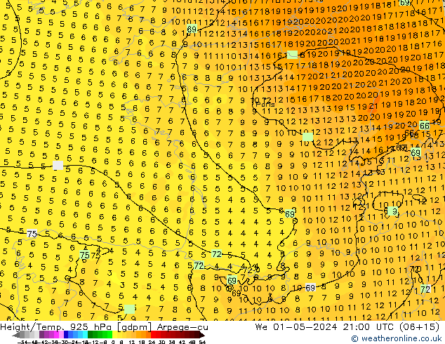 Height/Temp. 925 hPa Arpege-eu We 01.05.2024 21 UTC