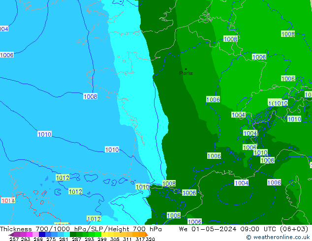 Thck 700-1000 hPa Arpege-eu Qua 01.05.2024 09 UTC