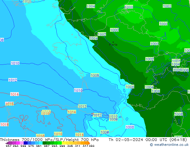 Thck 700-1000 hPa Arpege-eu Čt 02.05.2024 00 UTC