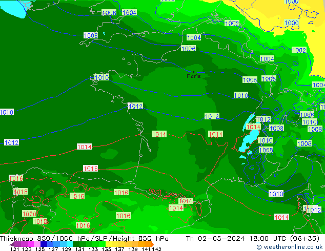 Thck 850-1000 hPa Arpege-eu Qui 02.05.2024 18 UTC