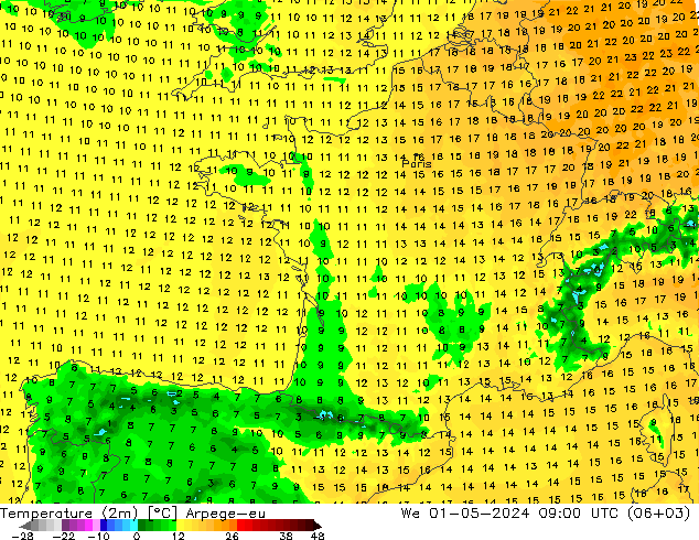 Temperatura (2m) Arpege-eu mié 01.05.2024 09 UTC