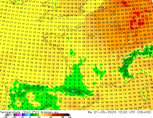 température (2m) Arpege-eu mer 01.05.2024 12 UTC