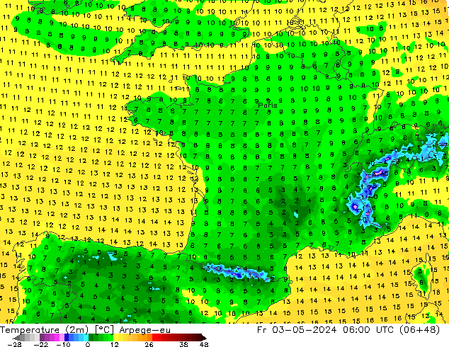 Temperaturkarte (2m) Arpege-eu Fr 03.05.2024 06 UTC