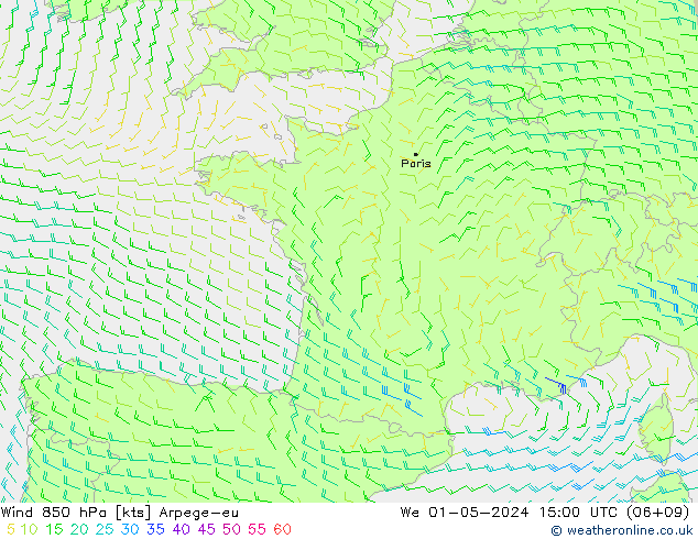 Viento 850 hPa Arpege-eu mié 01.05.2024 15 UTC