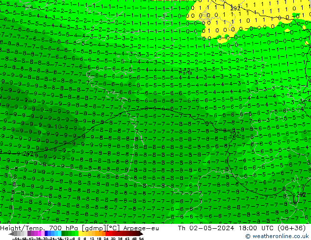 Height/Temp. 700 hPa Arpege-eu Th 02.05.2024 18 UTC