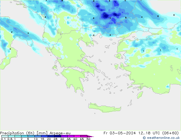 Totale neerslag (6h) Arpege-eu vr 03.05.2024 18 UTC