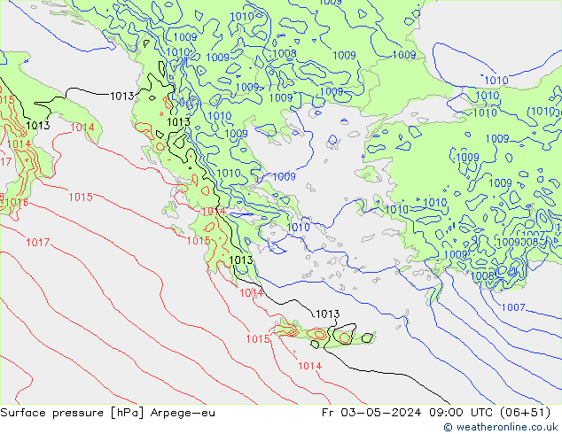 Pressione al suolo Arpege-eu ven 03.05.2024 09 UTC