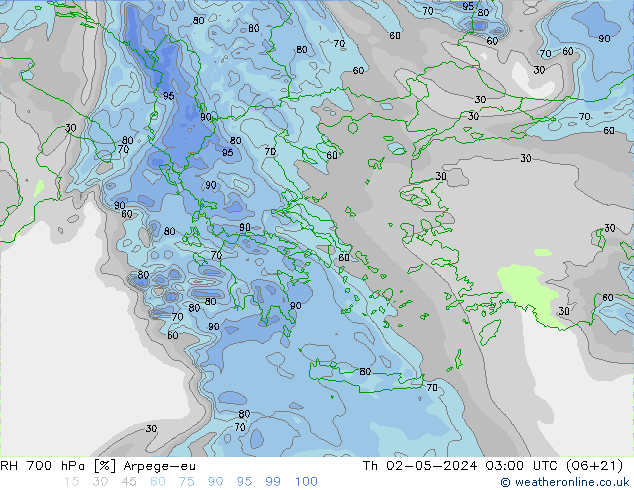 RH 700 hPa Arpege-eu Čt 02.05.2024 03 UTC