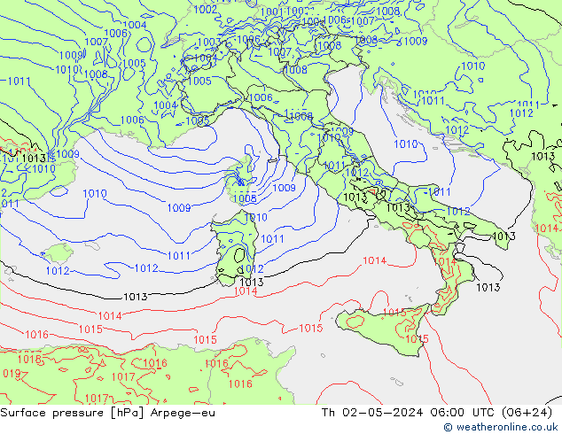 Atmosférický tlak Arpege-eu Čt 02.05.2024 06 UTC